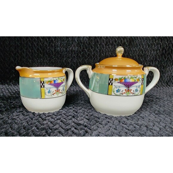 Japanese Hand-Painted Lusterware Cream & Sugar Set – Art Deco Motif (1921–1941) - Picture 4 of 16